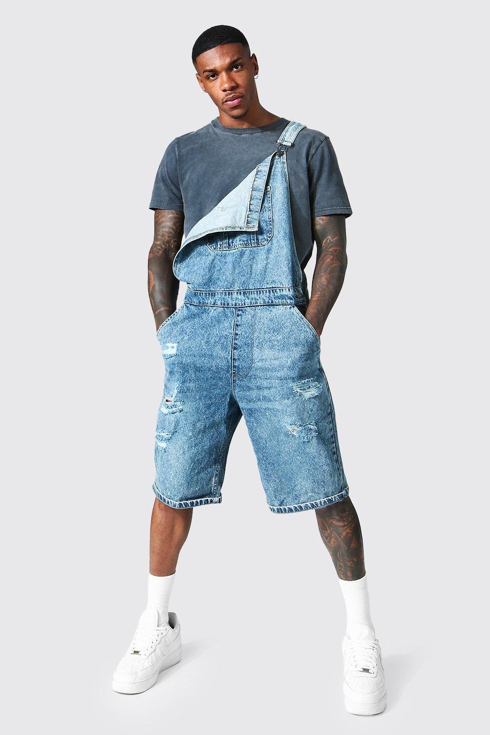 Mens ripped hot sale overalls shorts